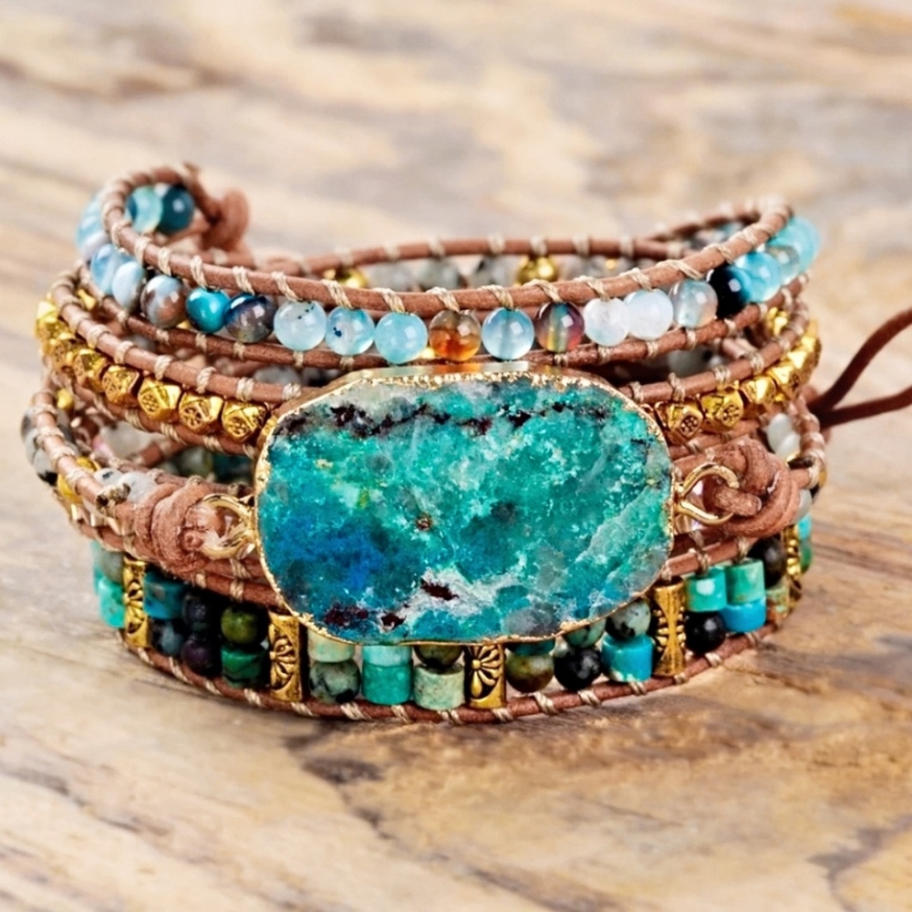Handmade Leather & Stone Chrysocolla Bracelet - Picture 6 of 6